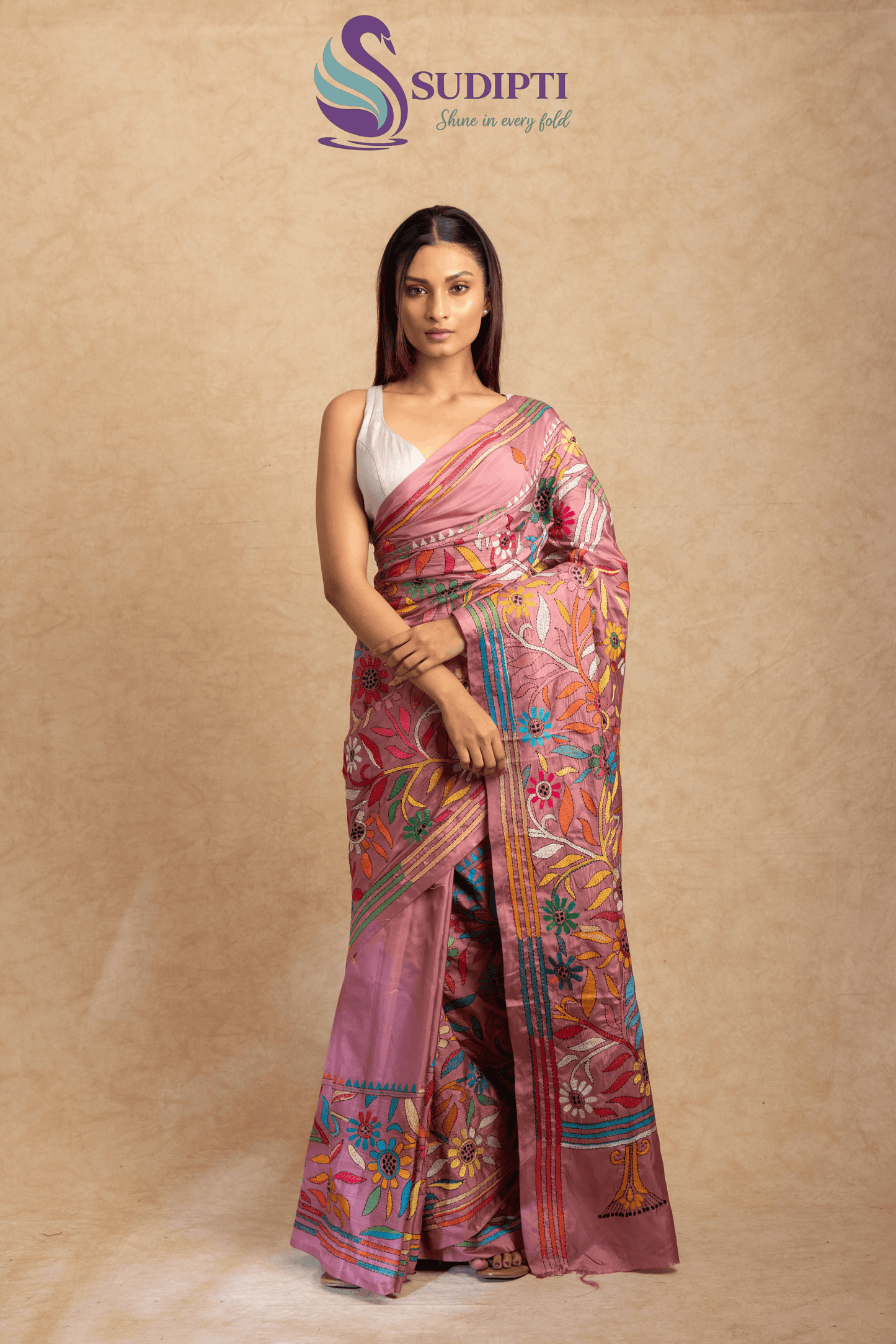 Pink Multicolor Floral Motif Semi Kantha Stitch Saree