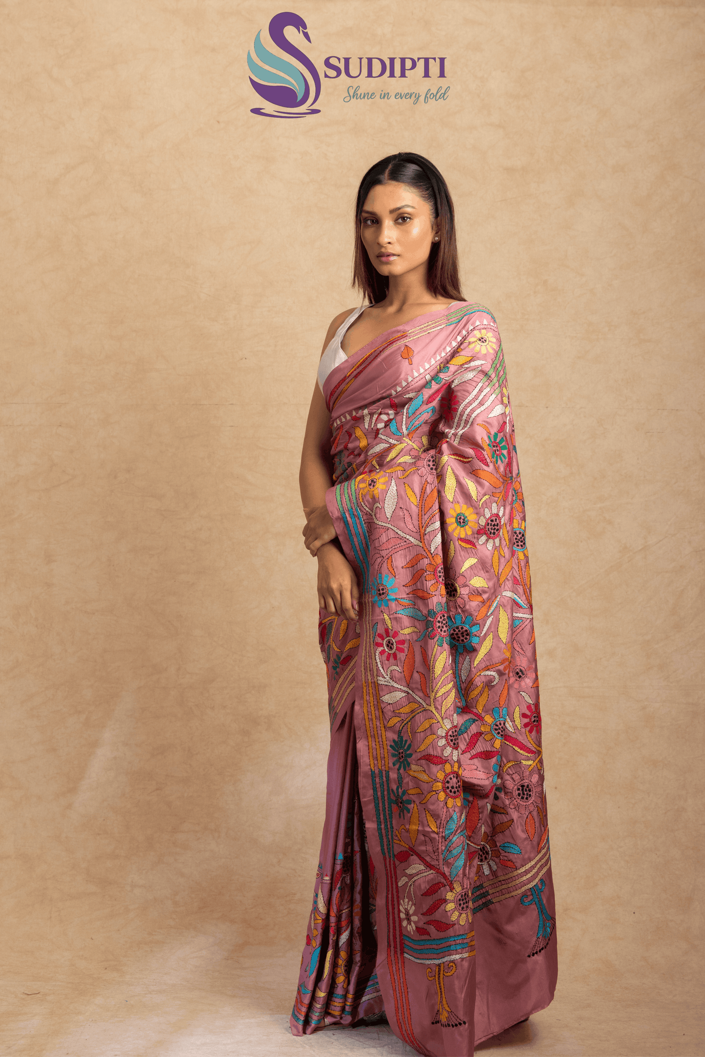 Pink Multicolor Floral Motif Semi Kantha Stitch Saree