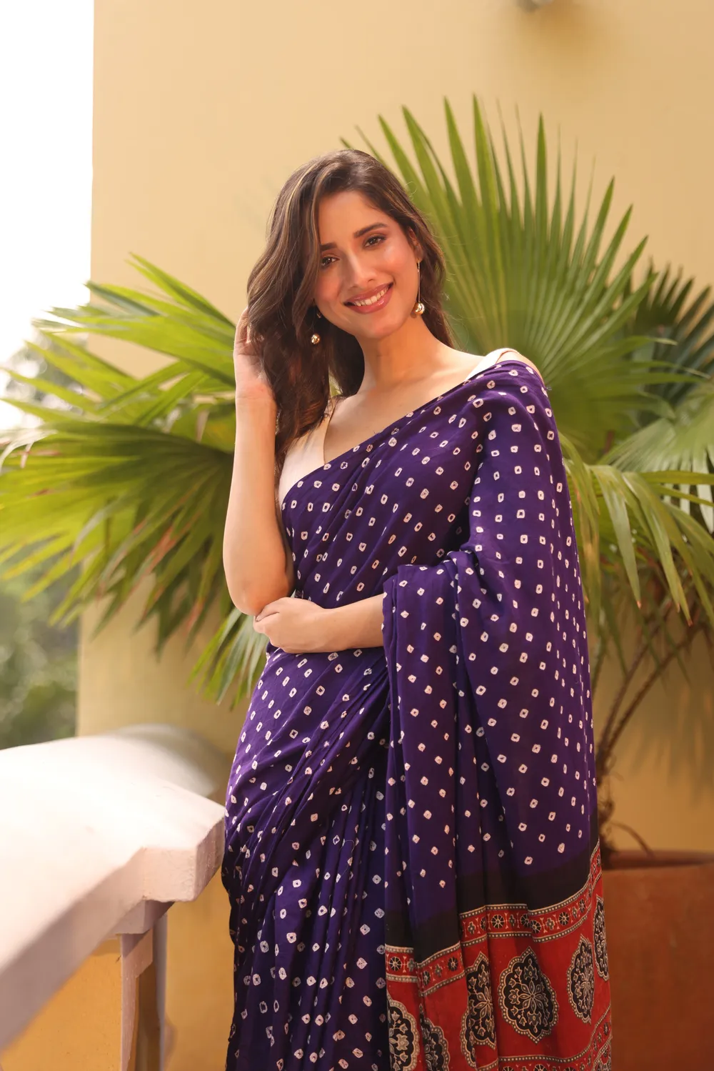 Purple Cotton Bandhani Saree with Ajrakh Pallu