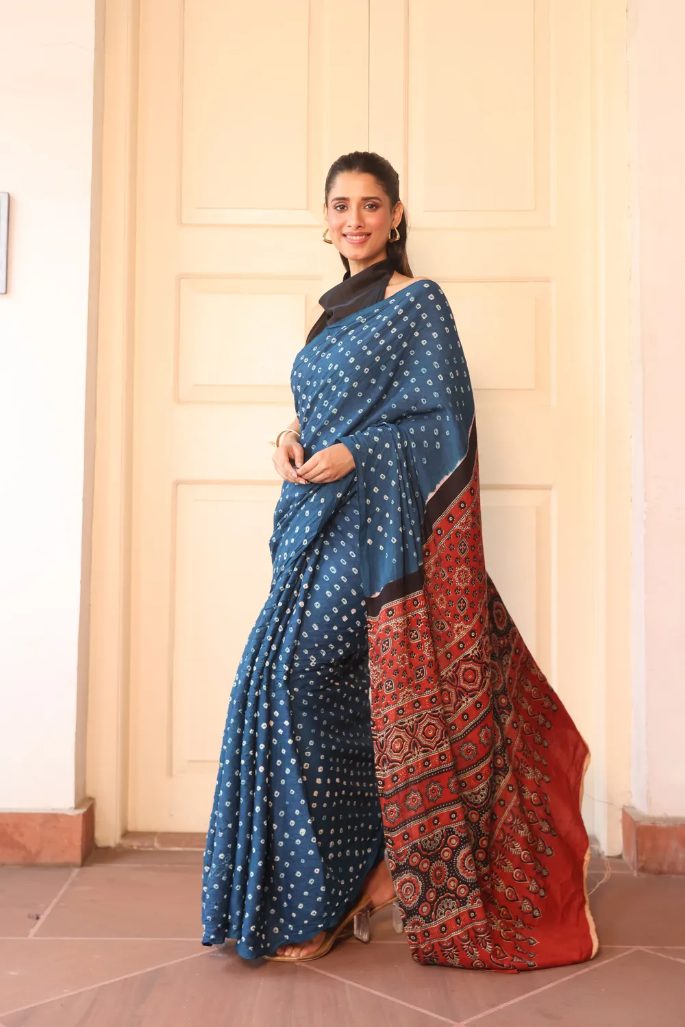 Teal Cotton Bandhani Saree with Ajrakh Pallu