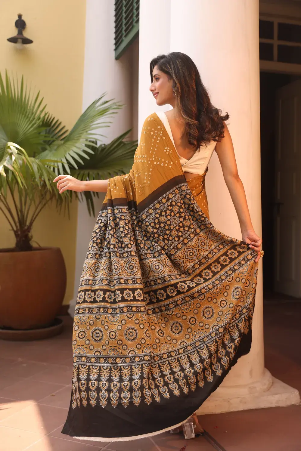 Mustard Cotton Bandhani Saree with Ajrakh Pallu