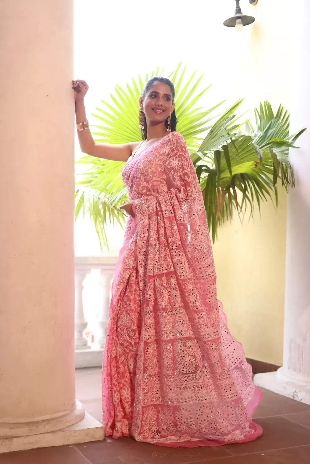 Pink Pure Georgette Chikankari Saree With Mirror Work