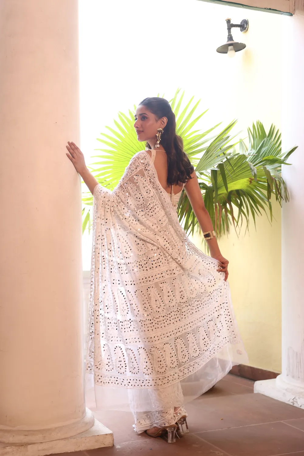 White Pure Georgette Chikankari Saree With Mirror Work