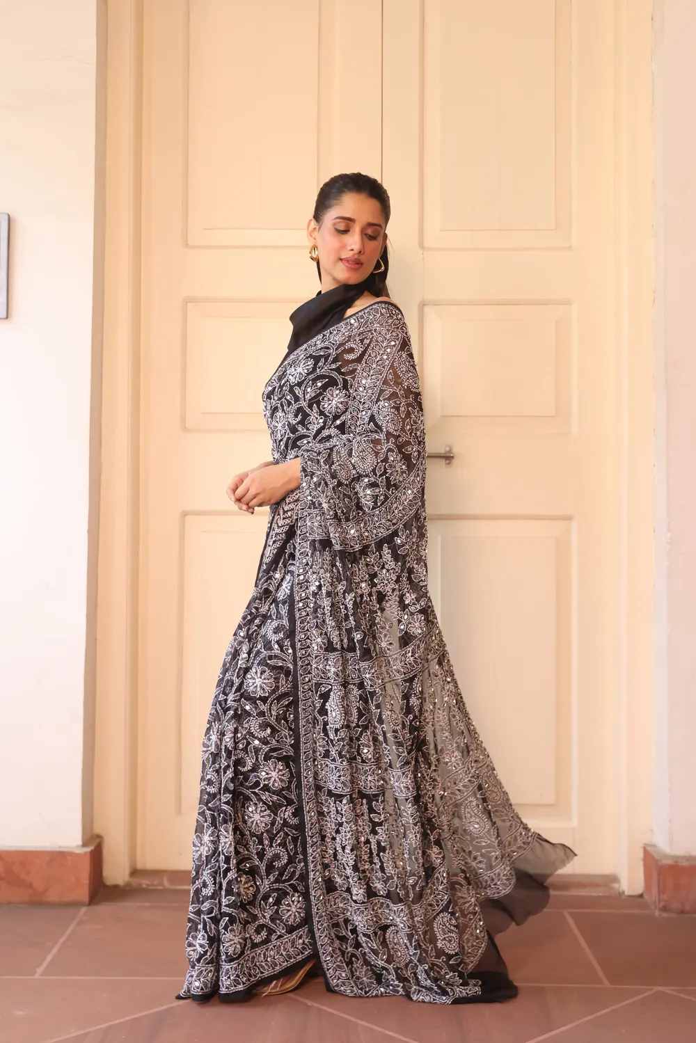Black Pure Georgette Chikankari Saree With Mirror Work