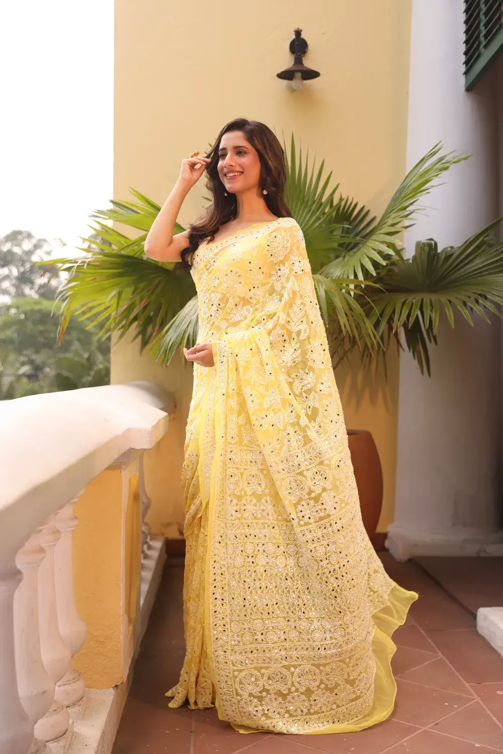 Yellow Pure Georgette Chikankari Saree With Mirror Work