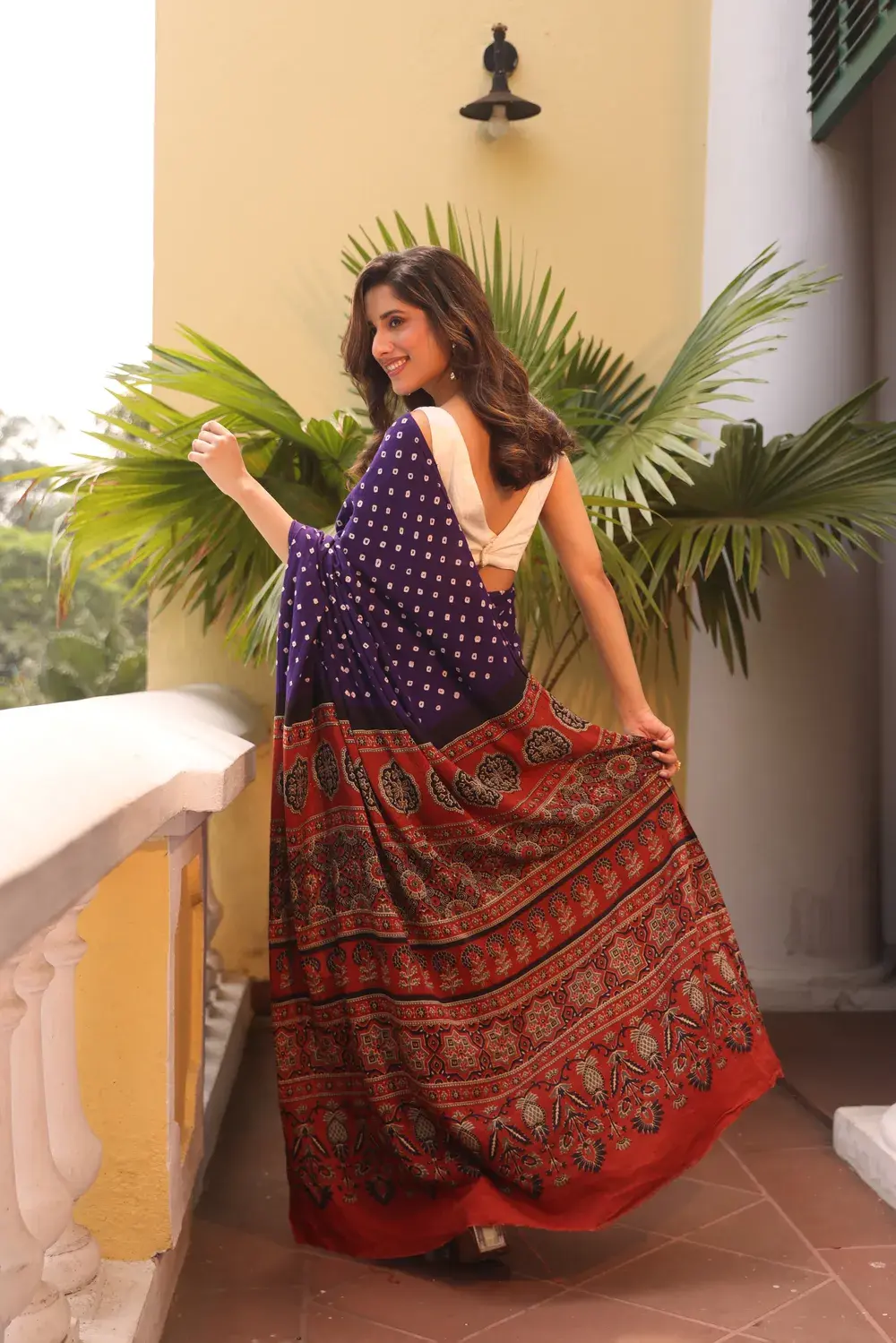 Purple Cotton Bandhani Saree with Ajrakh Pallu