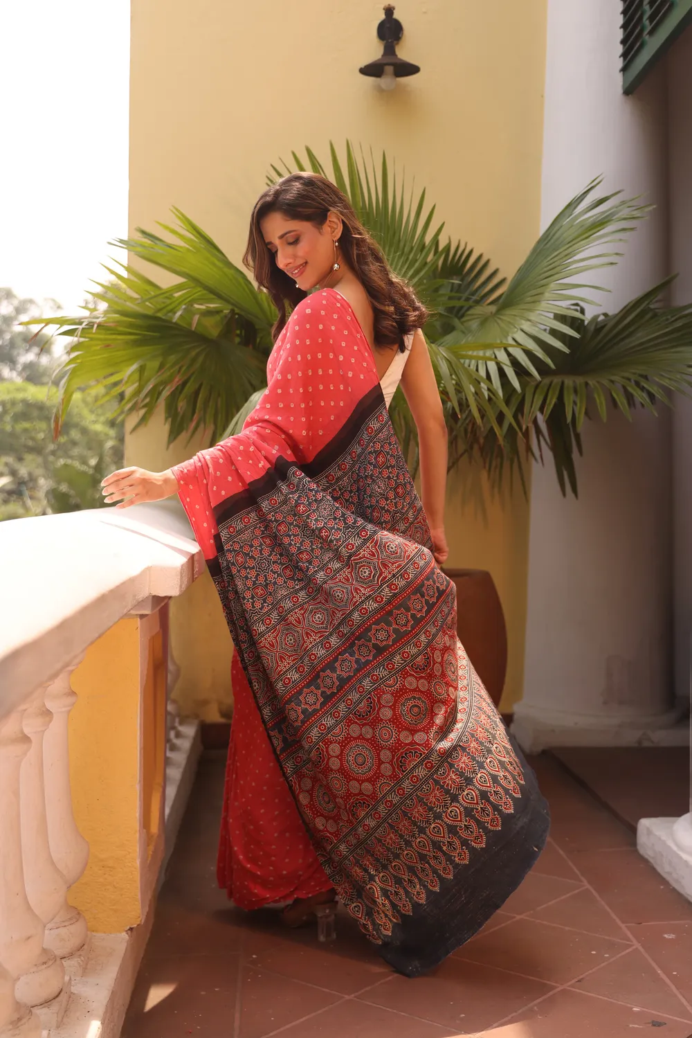 Pink Cotton Bandhani Saree Ajrakh Pallu