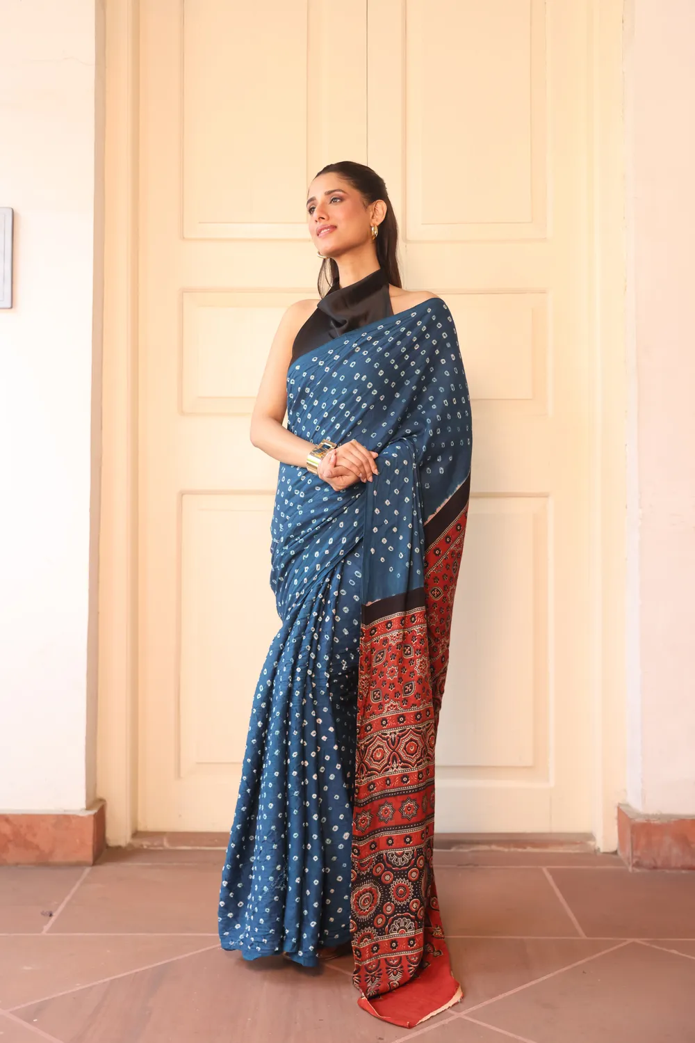 Teal Cotton Bandhani Saree with Ajrakh Pallu