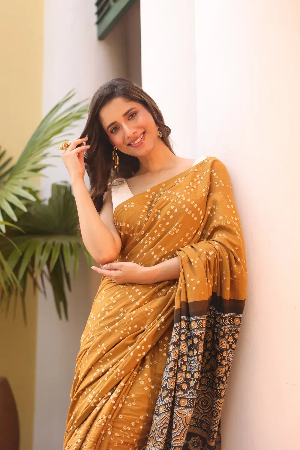 Mustard Cotton Bandhani Saree with Ajrakh Pallu