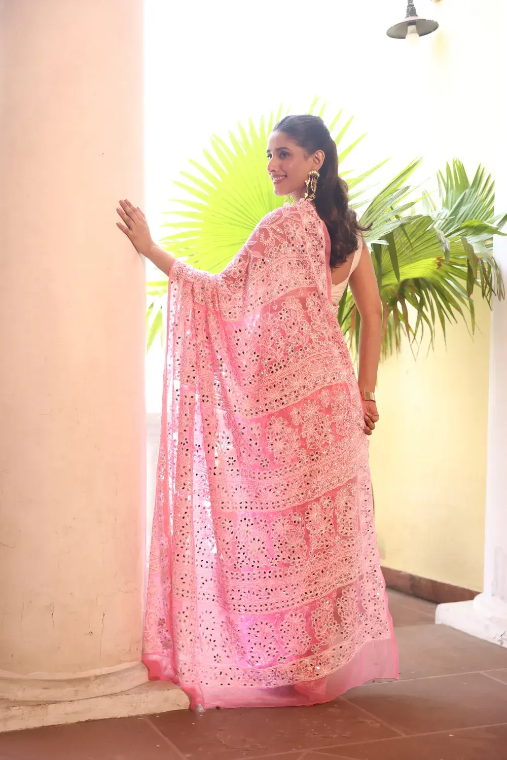 Pink Pure Georgette Chikankari Saree With Mirror Work