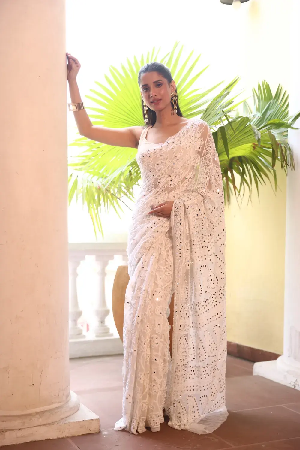 White Pure Georgette Chikankari Saree With Mirror Work