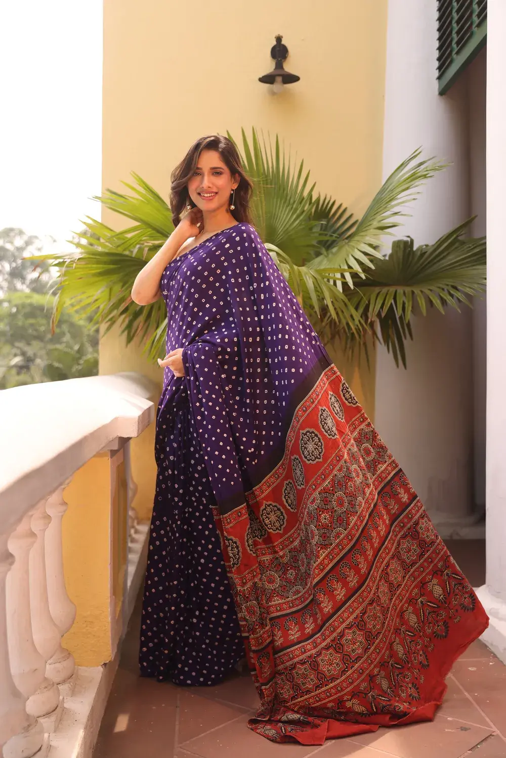 Purple Cotton Bandhani Saree with Ajrakh Pallu
