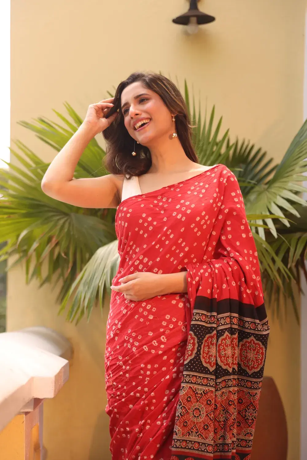 Red Cotton Bandhani Saree with Ajrakh Pallu