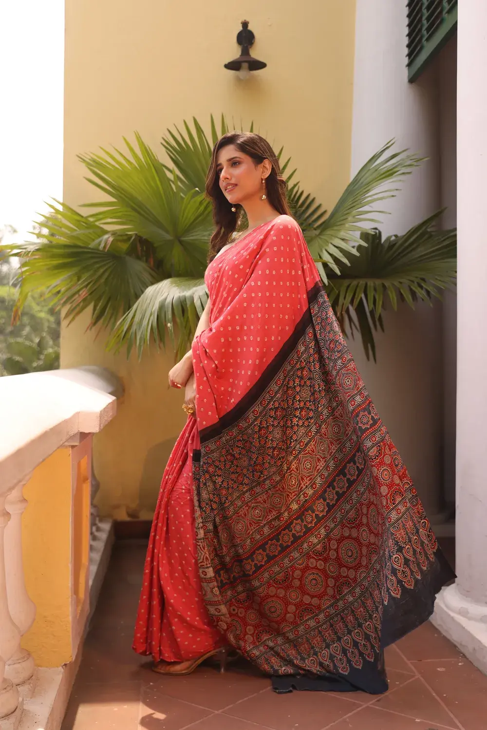 Pink Cotton Bandhani Saree Ajrakh Pallu