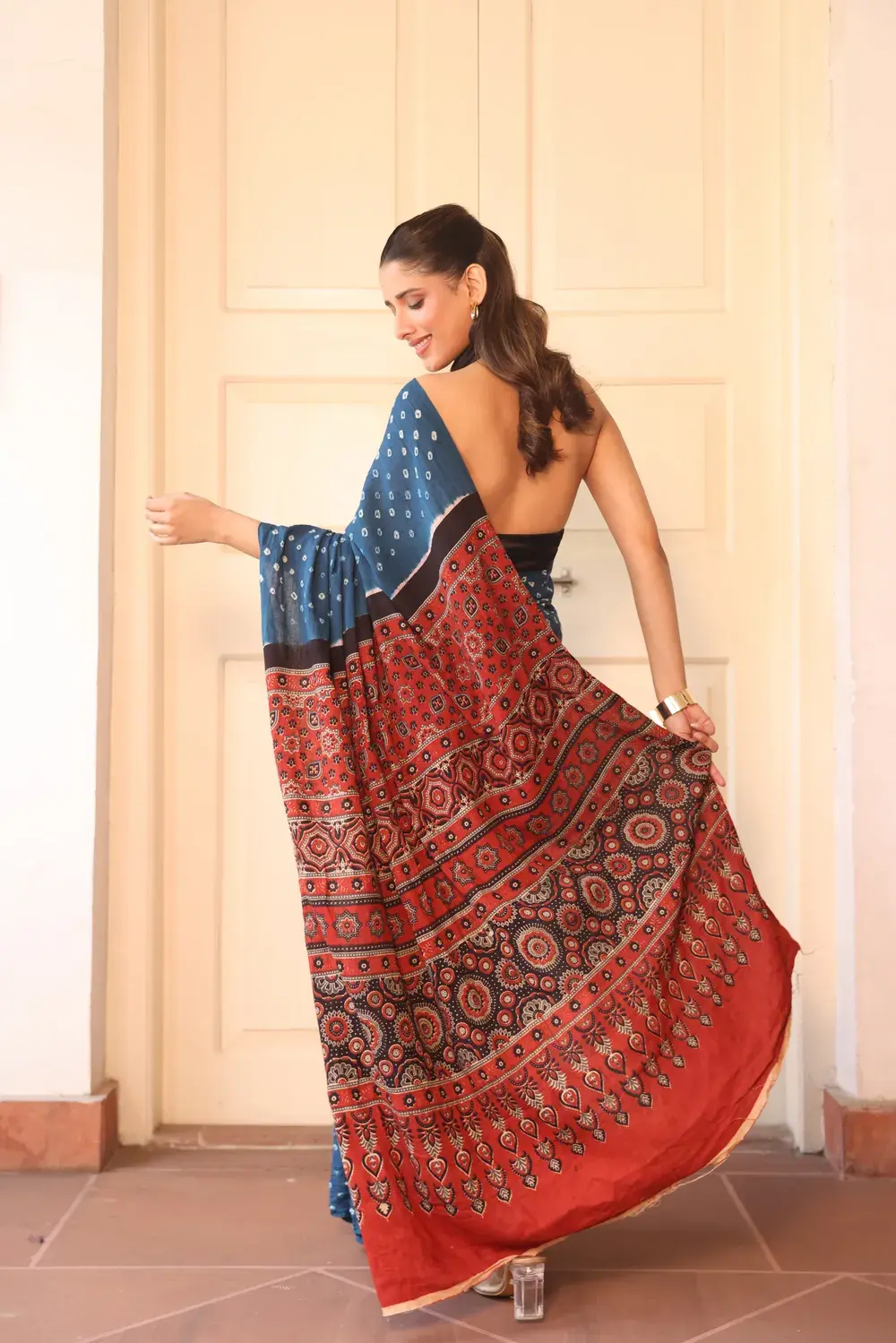 Teal Cotton Bandhani Saree with Ajrakh Pallu