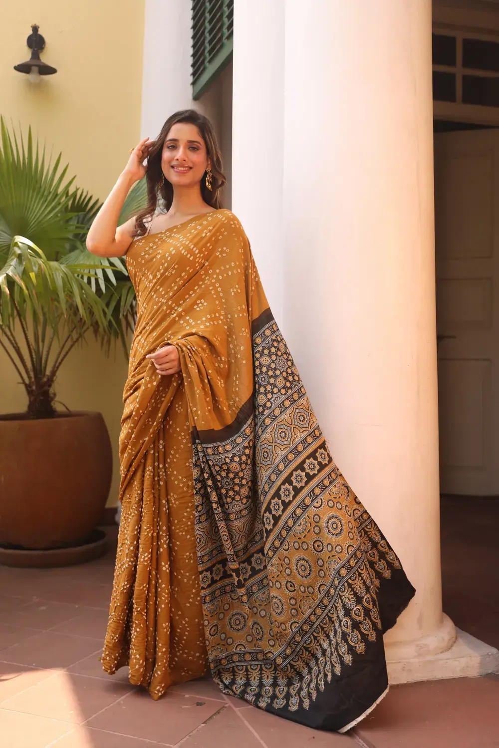 Mustard Cotton Bandhani Saree with Ajrakh Pallu