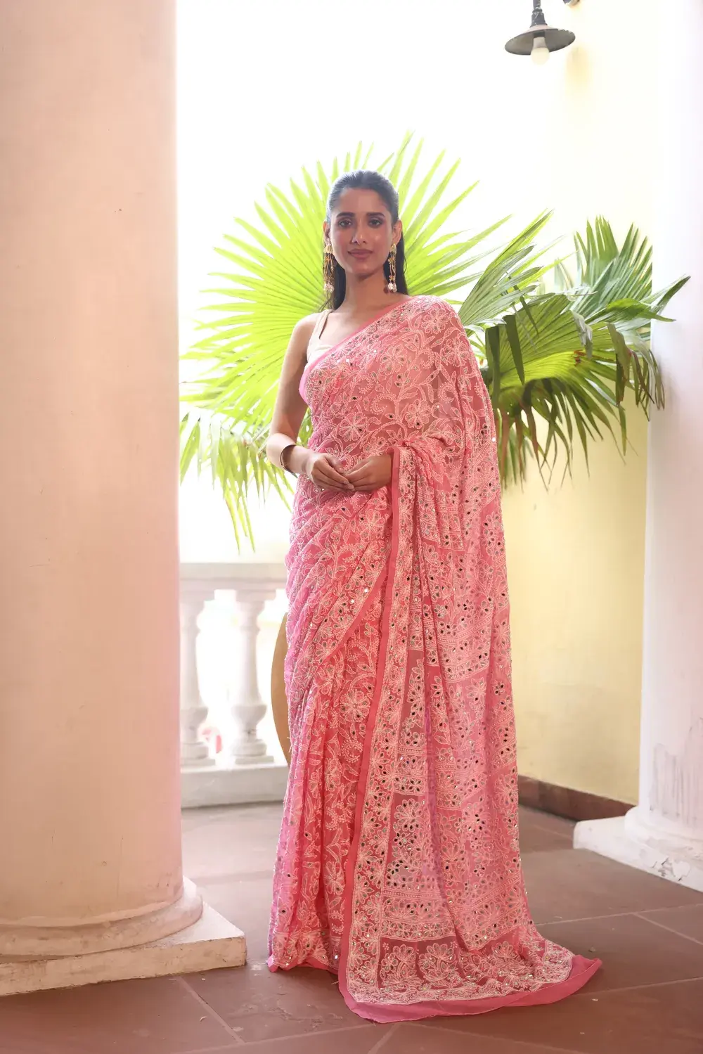 Pink Pure Georgette Chikankari Saree With Mirror Work