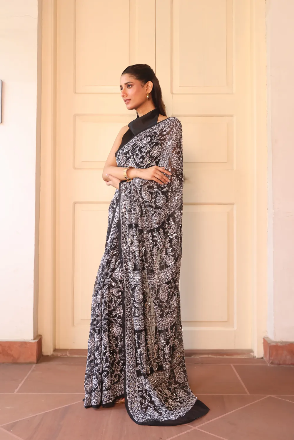 Black Pure Georgette Chikankari Saree With Mirror Work