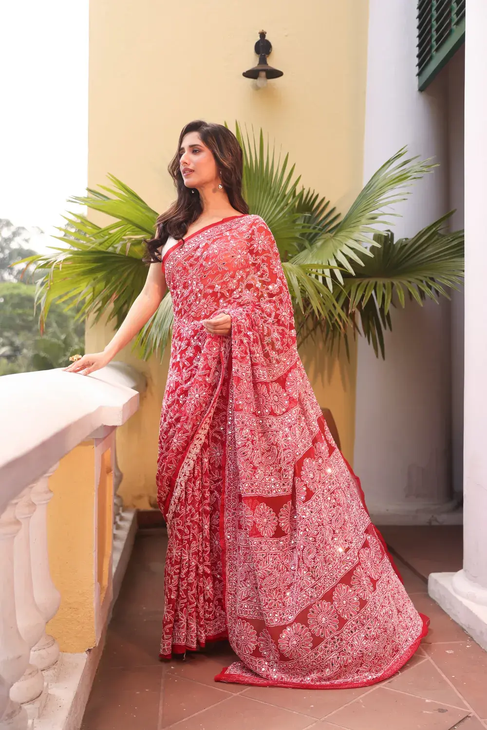 Pure Georgette Chikankari Saree With Mirror Work