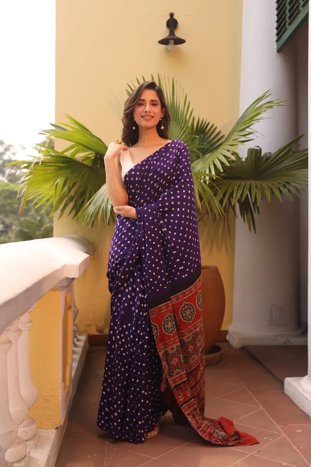 Purple Cotton Bandhani Saree with Ajrakh Pallu
