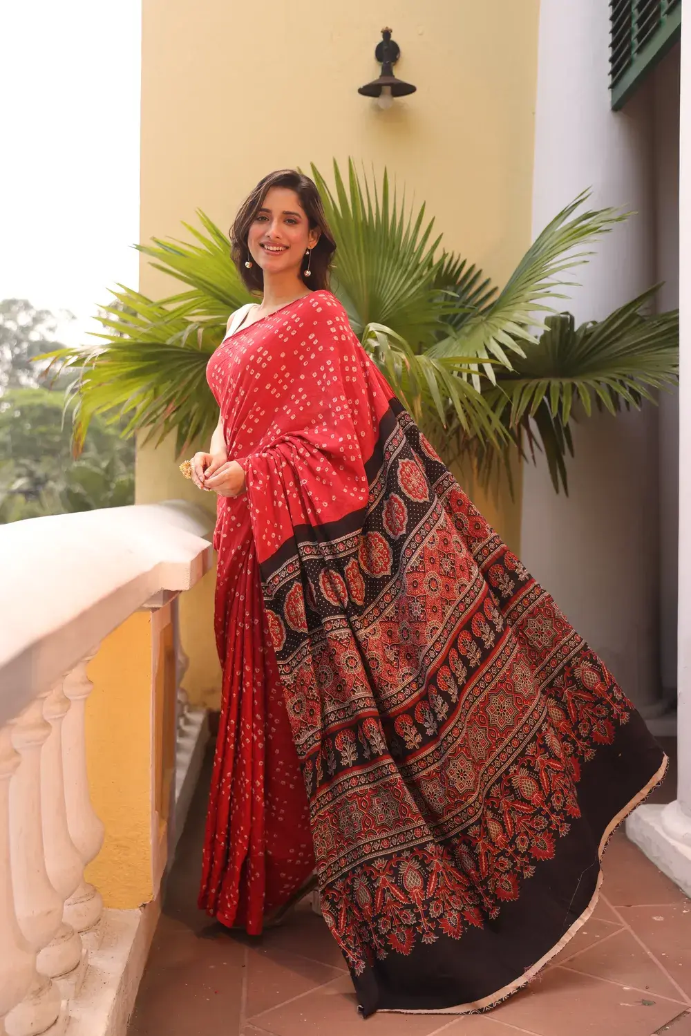 Red Cotton Bandhani Saree with Ajrakh Pallu