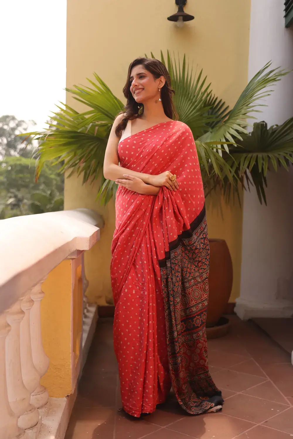 Pink Cotton Bandhani Saree Ajrakh Pallu