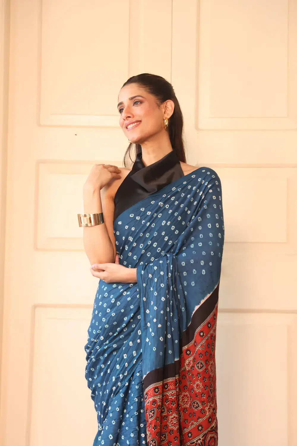 Teal Cotton Bandhani Saree with Ajrakh Pallu