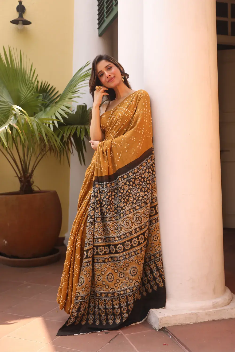 Mustard Cotton Bandhani Saree with Ajrakh Pallu