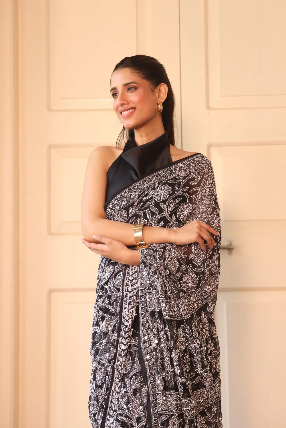 Black Pure Georgette Chikankari Saree With Mirror Work