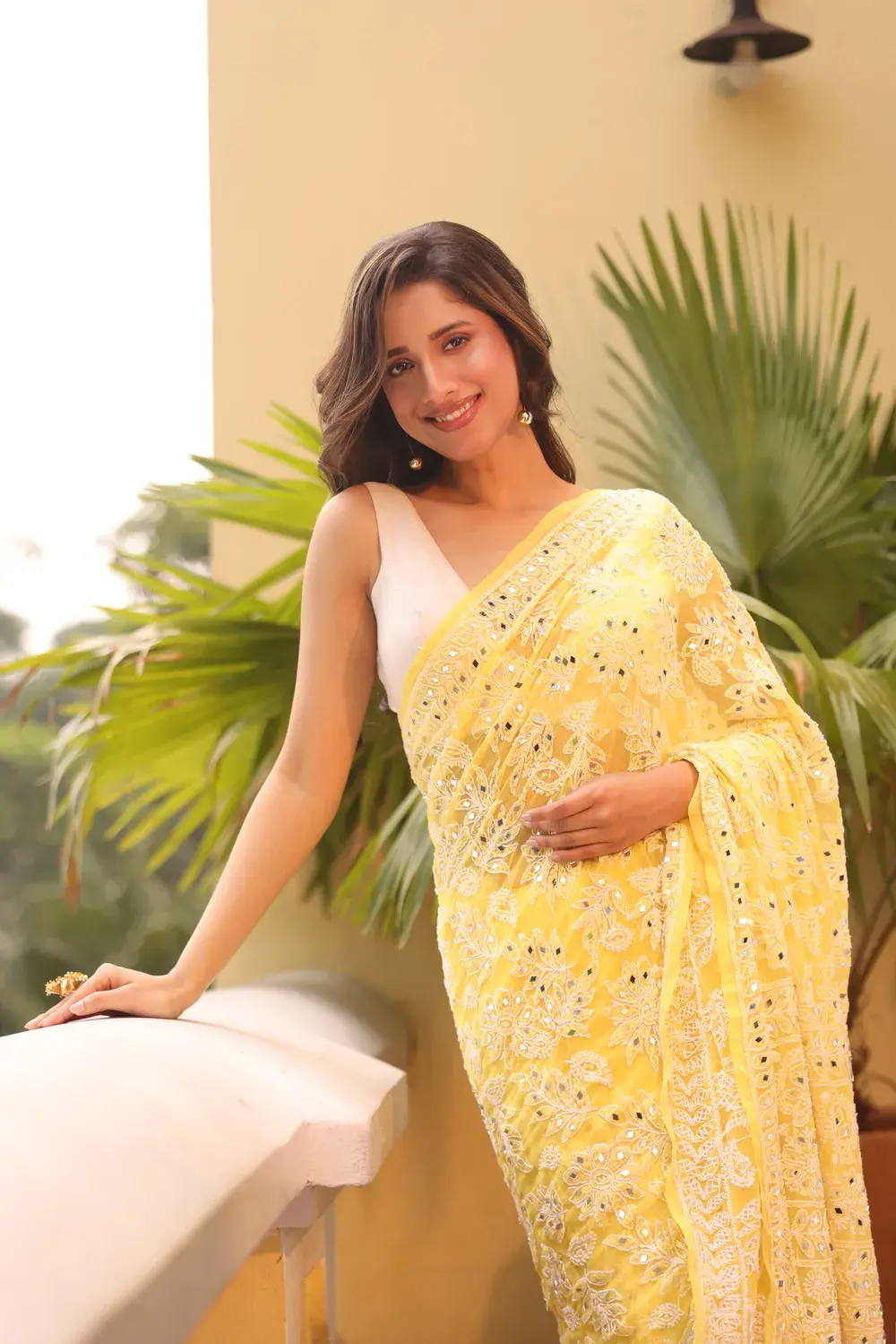 Yellow Pure Georgette Chikankari Saree With Mirror Work