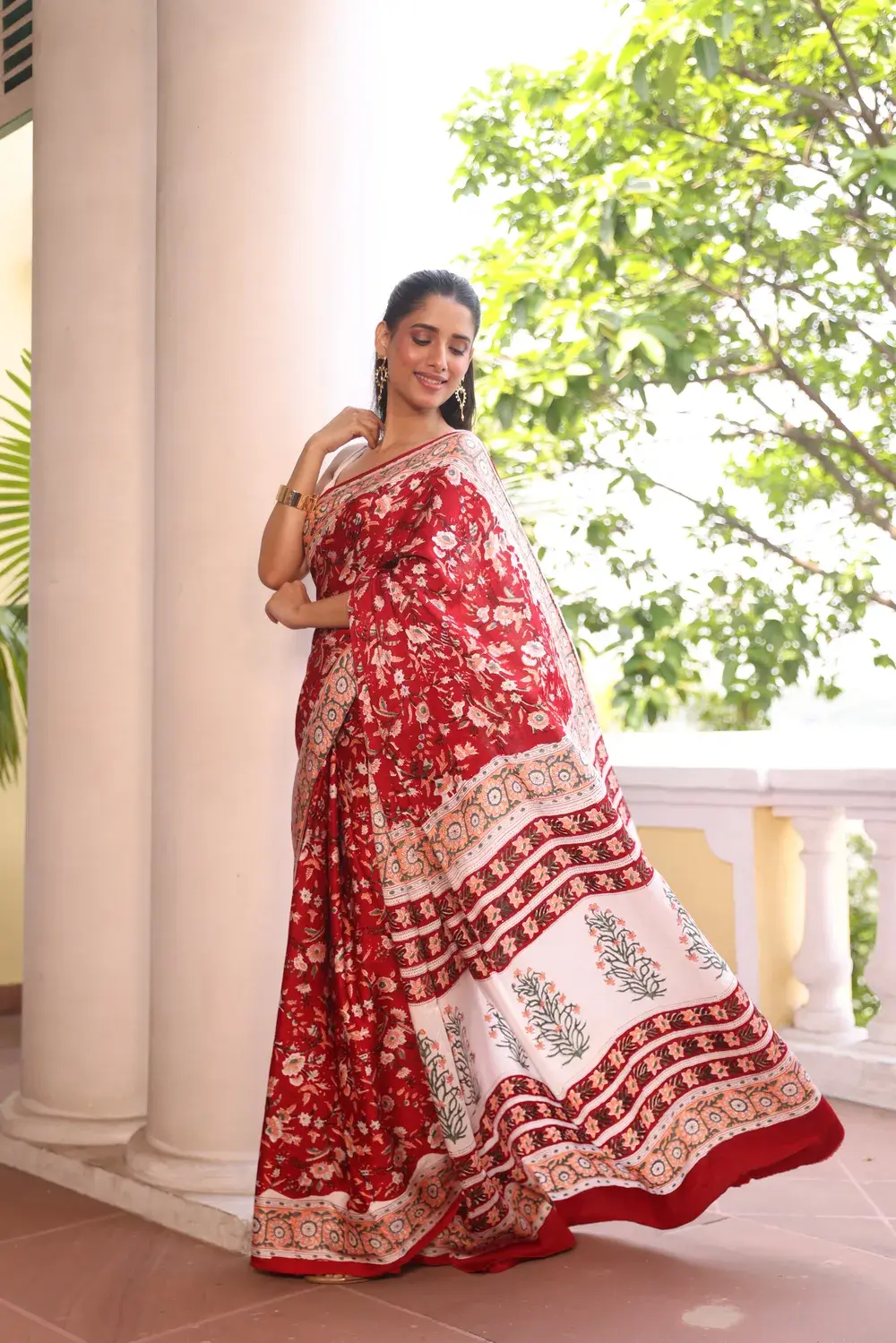 Red Modal Silk Ajrakh with mirror Work