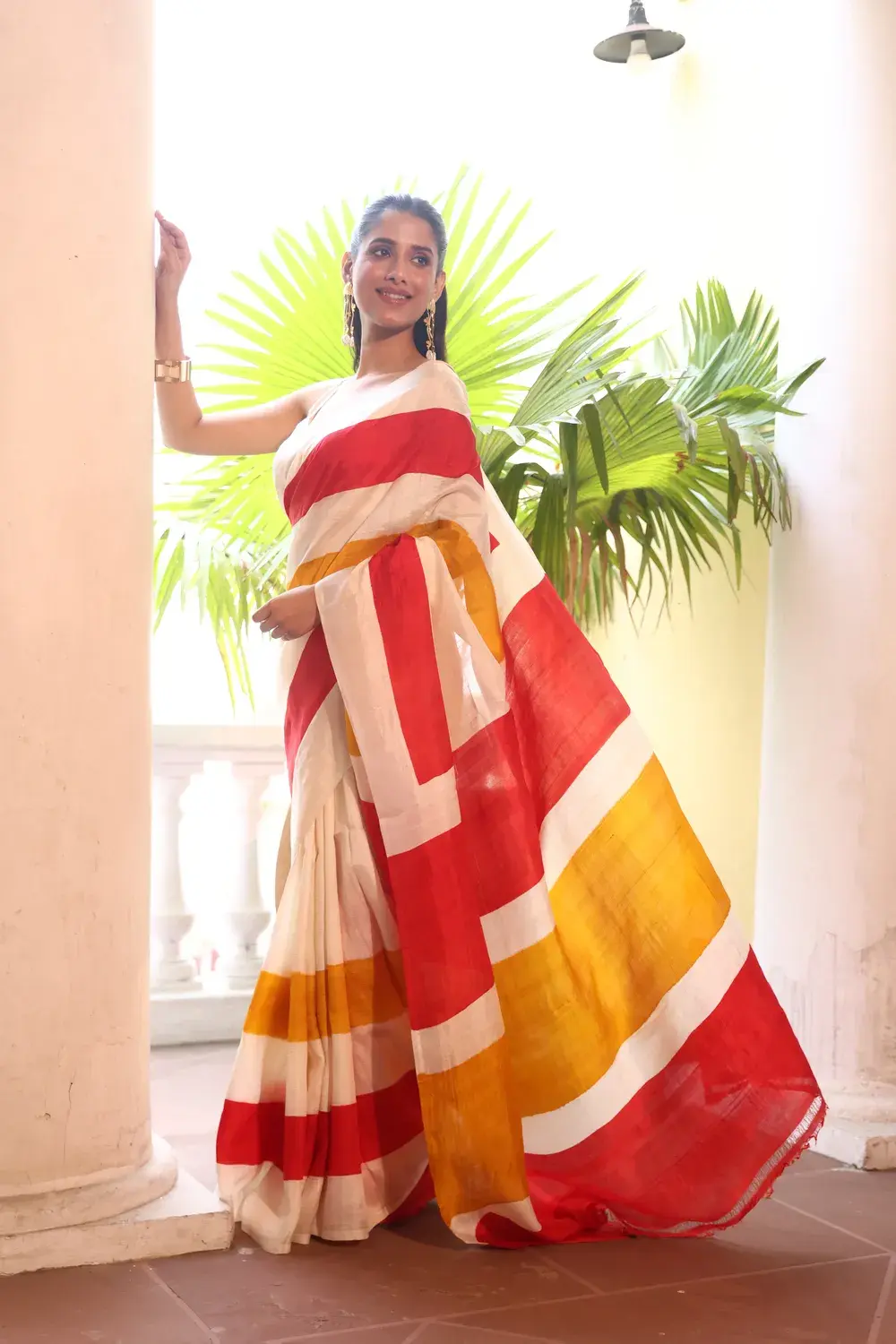 White & Red Pure Silk Saree