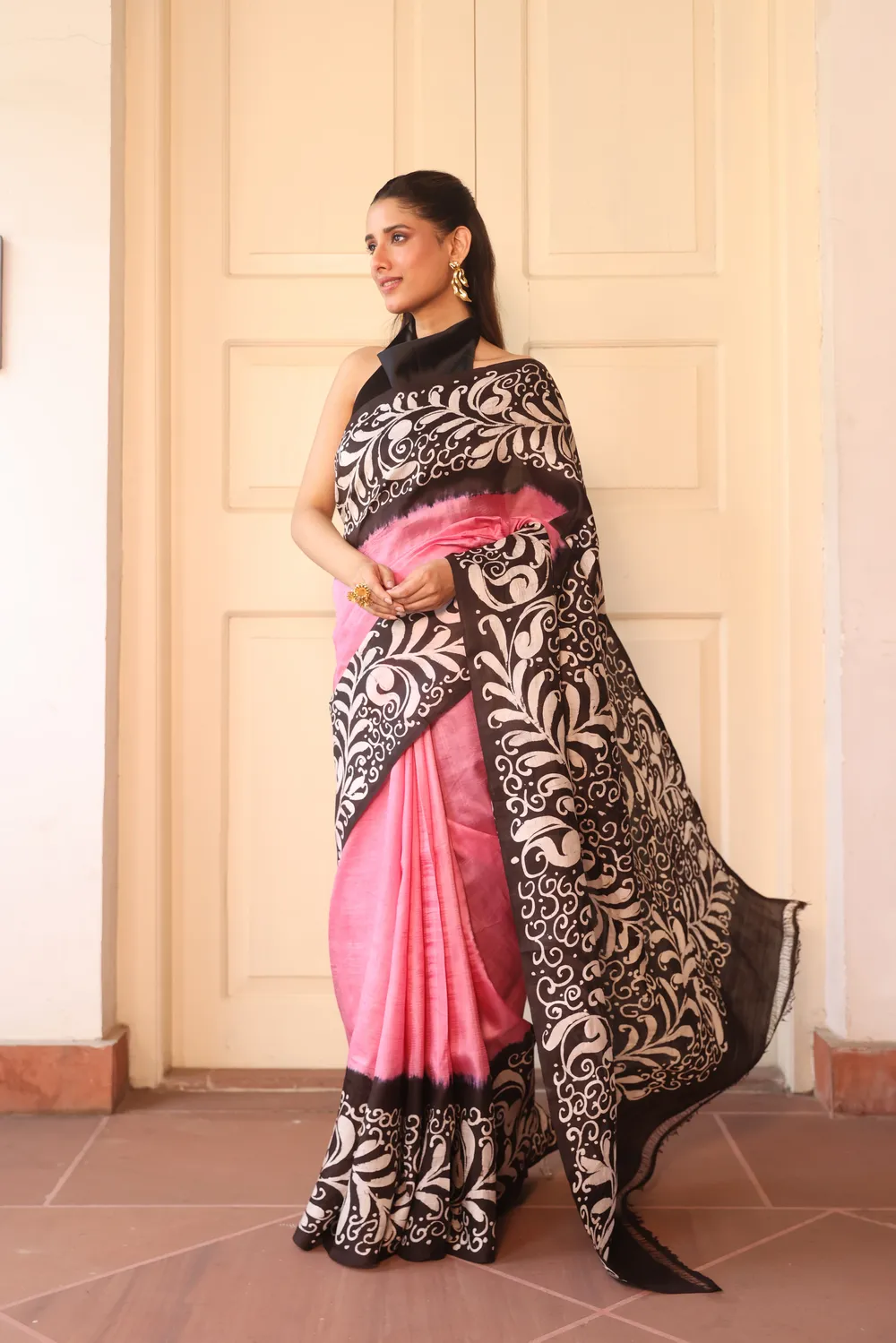 Pink & Black Pure Silk Saree