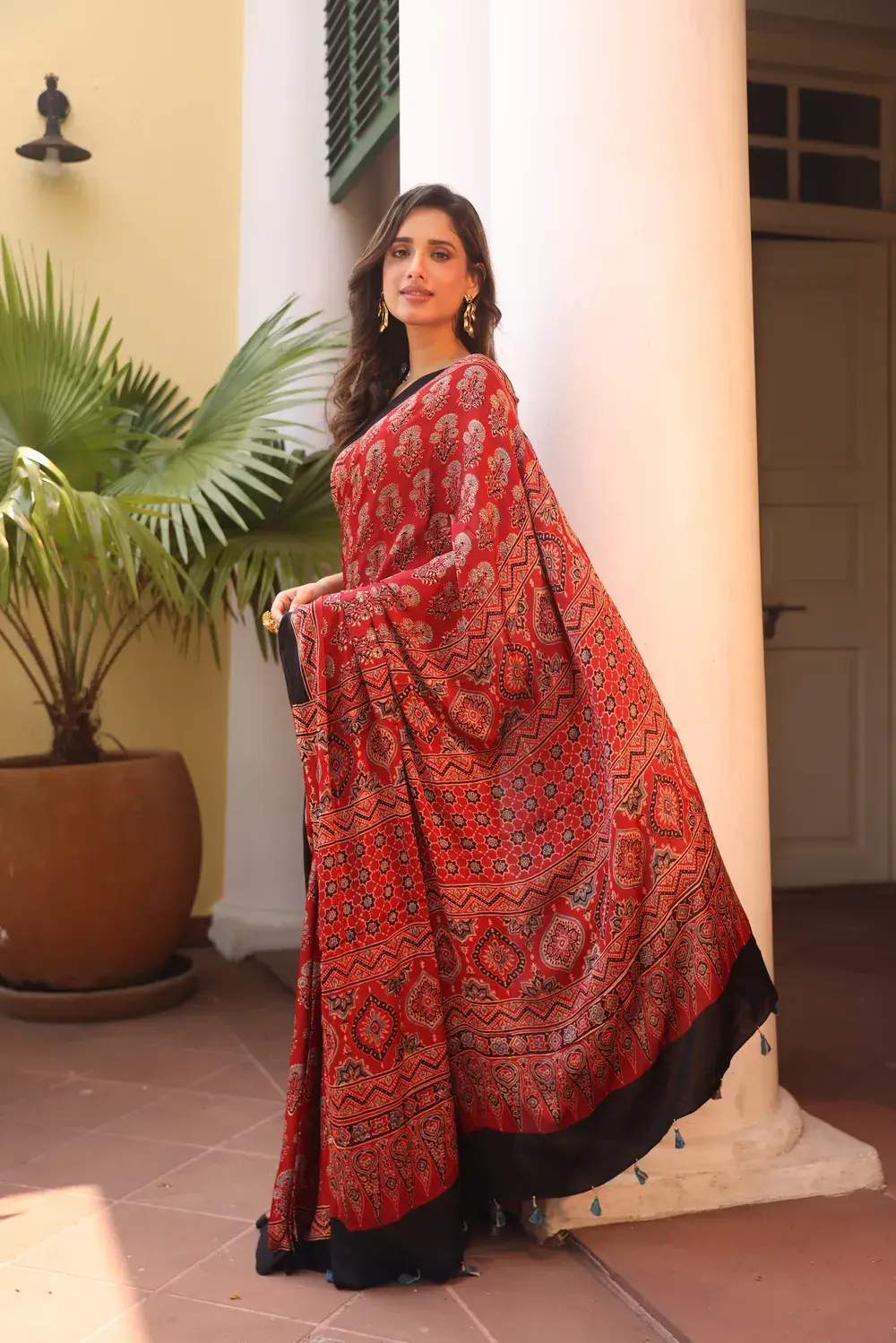 Maroon Modal Silk Ajrakh saree