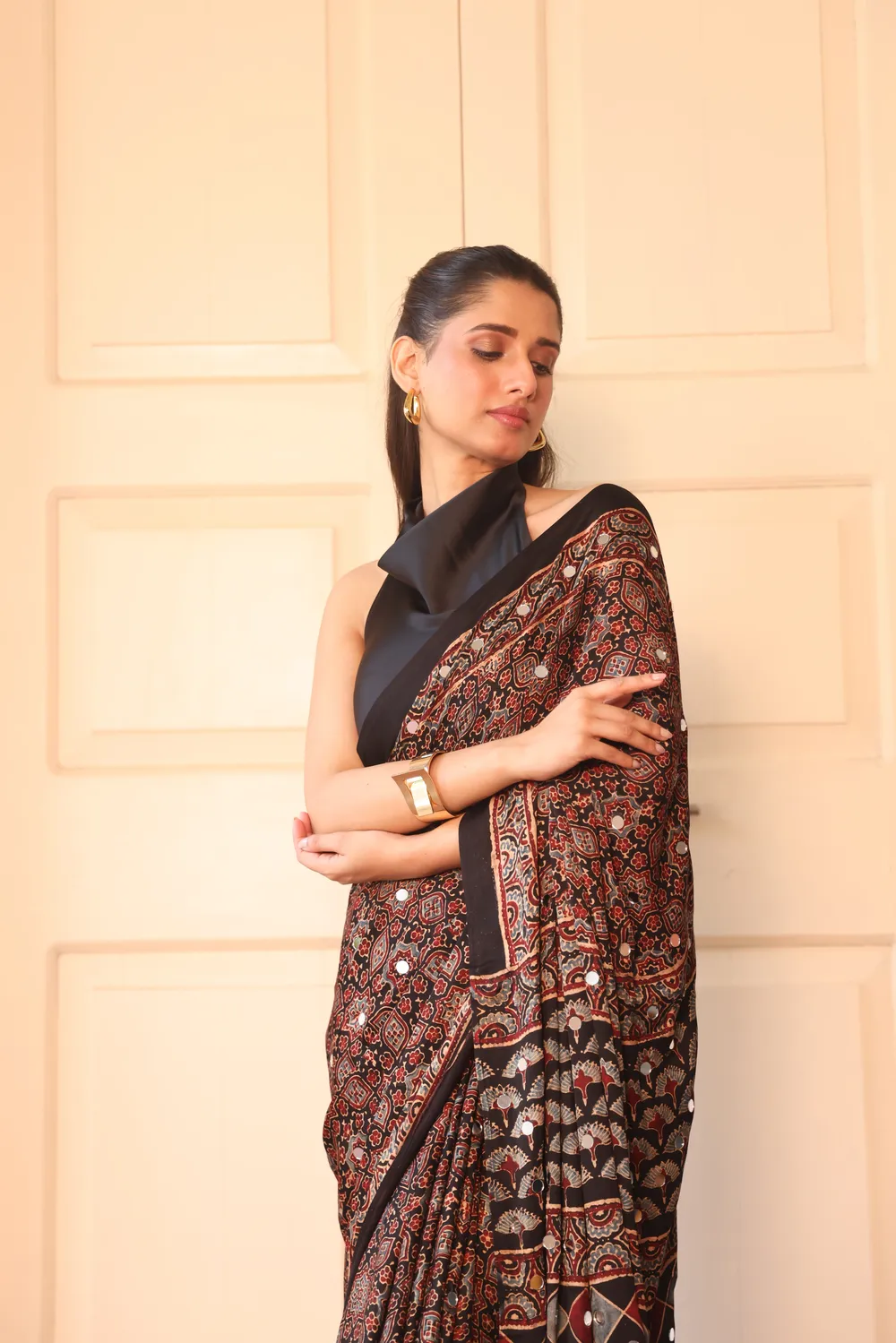 Black Modal Silk Ajrakh with mirror Work