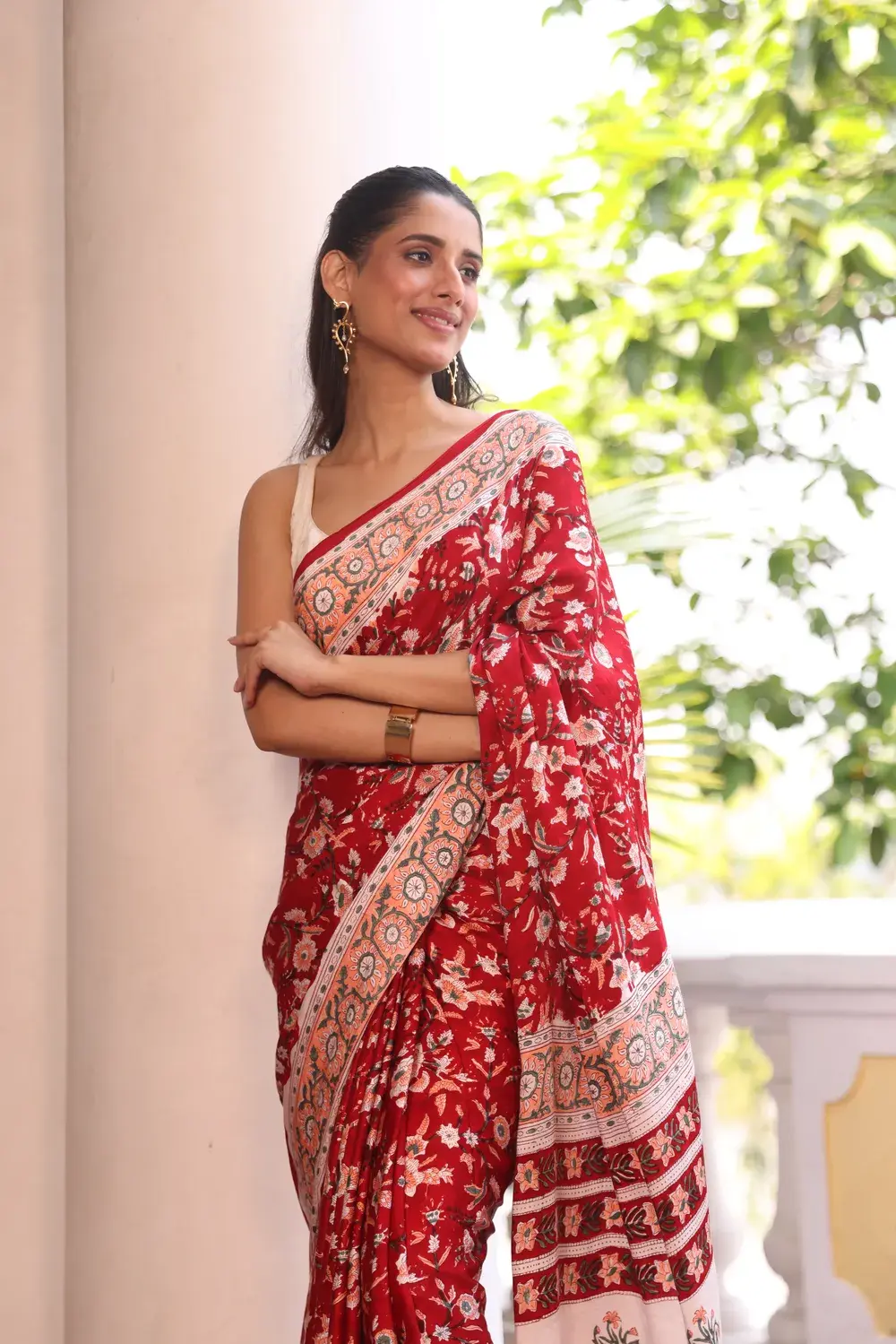 Red Modal Silk Ajrakh Saree