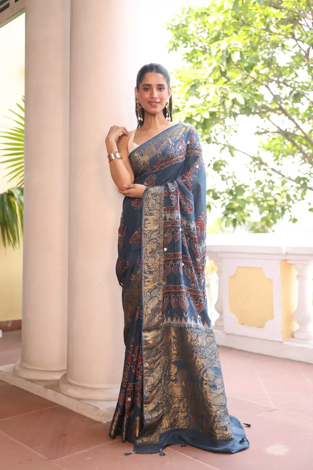 Blue Modal Silk Ajrakh with mirror Work