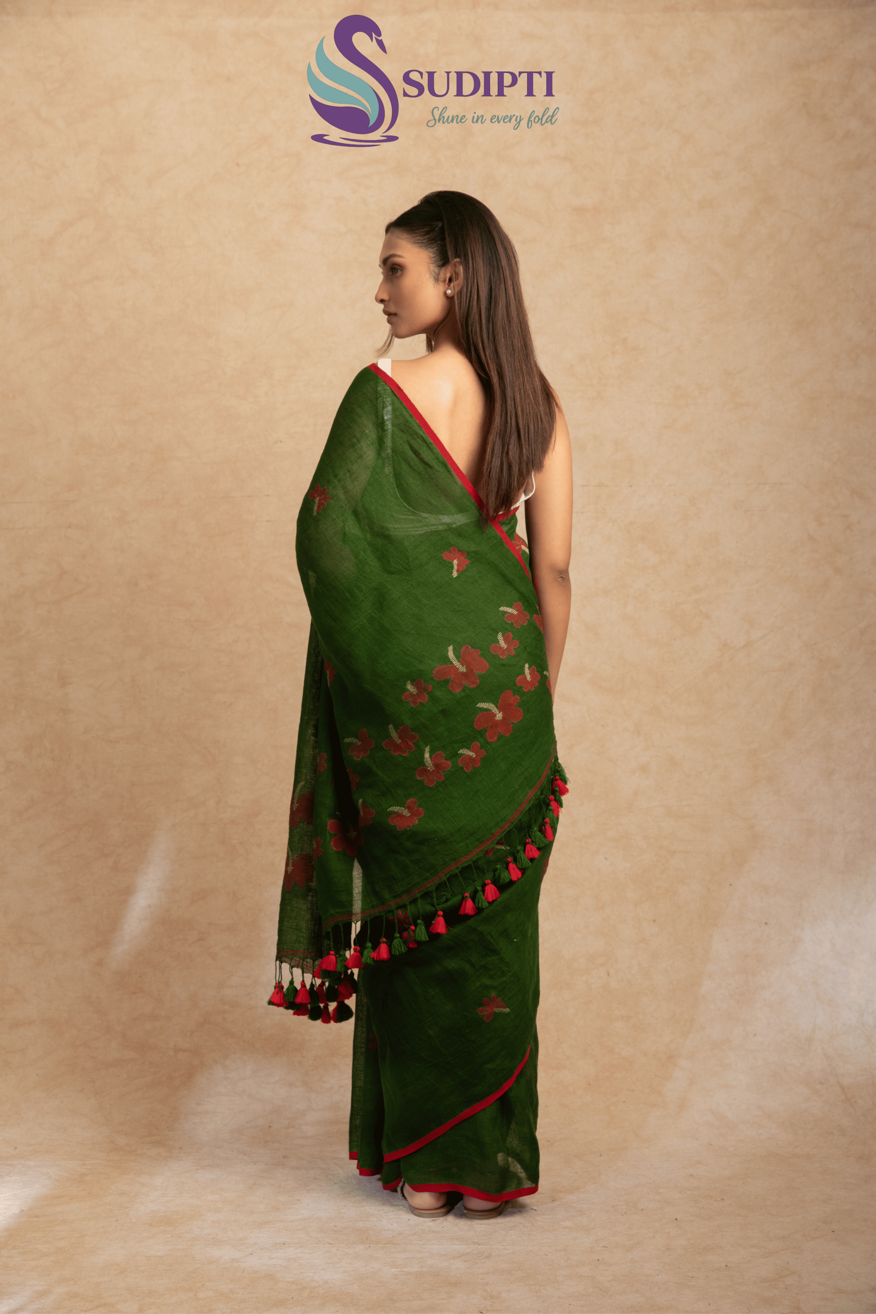 FOREST GREEN PURE LINEN SAREE