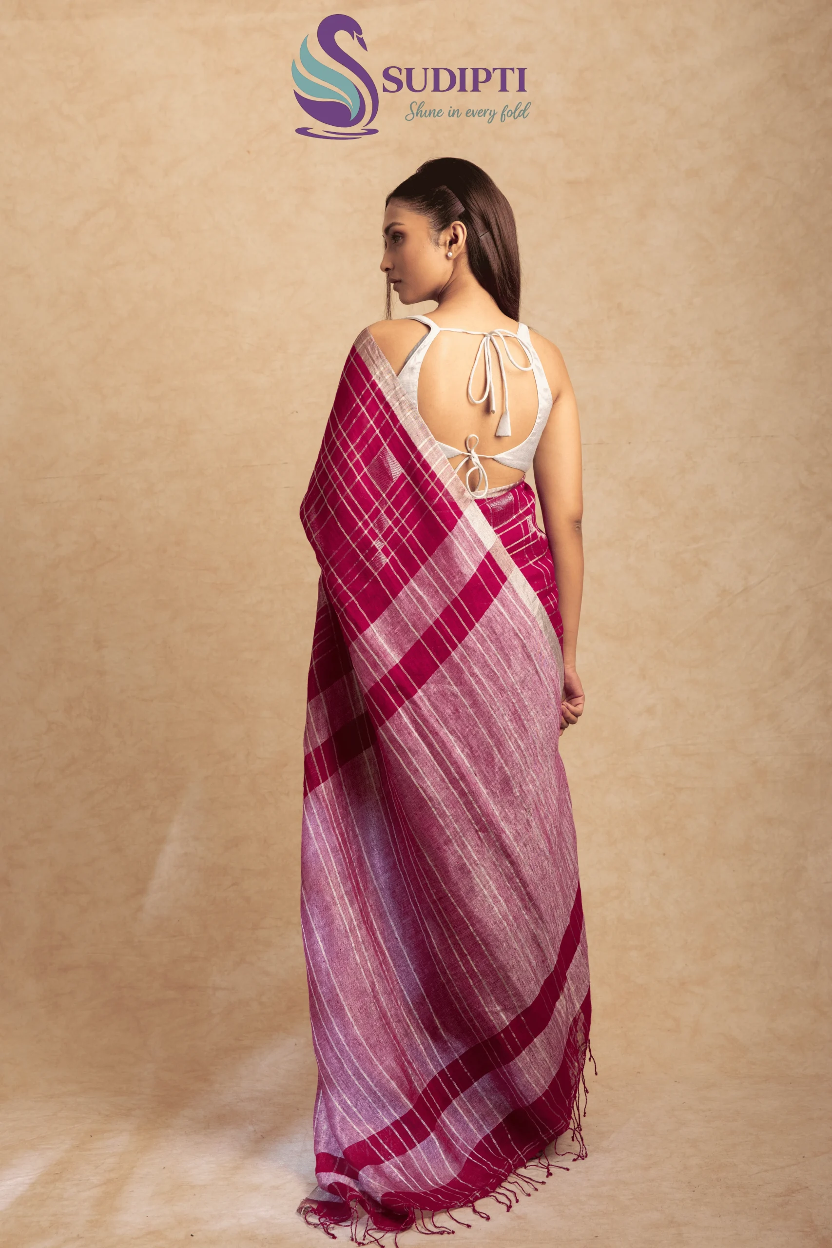 Wine Checkered Linen Saree