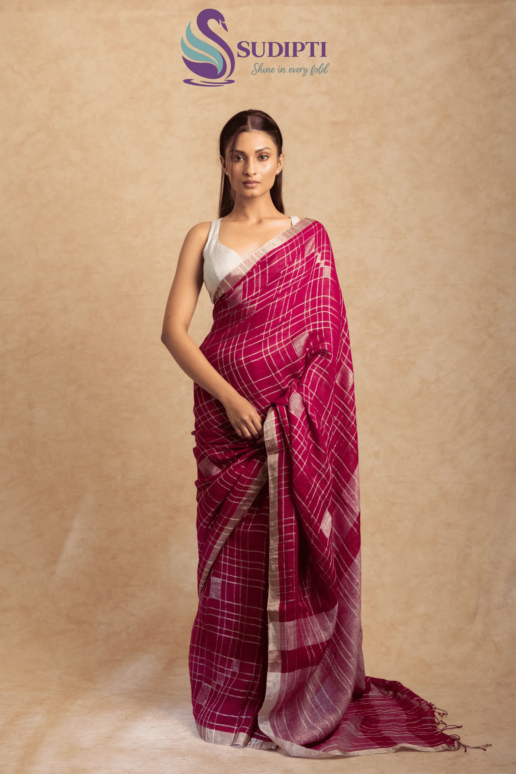 Wine Checkered Linen Saree