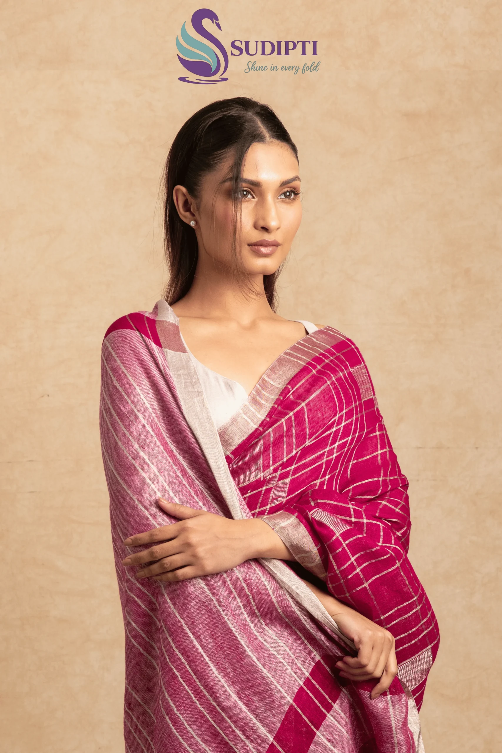 Wine Checkered Linen Saree