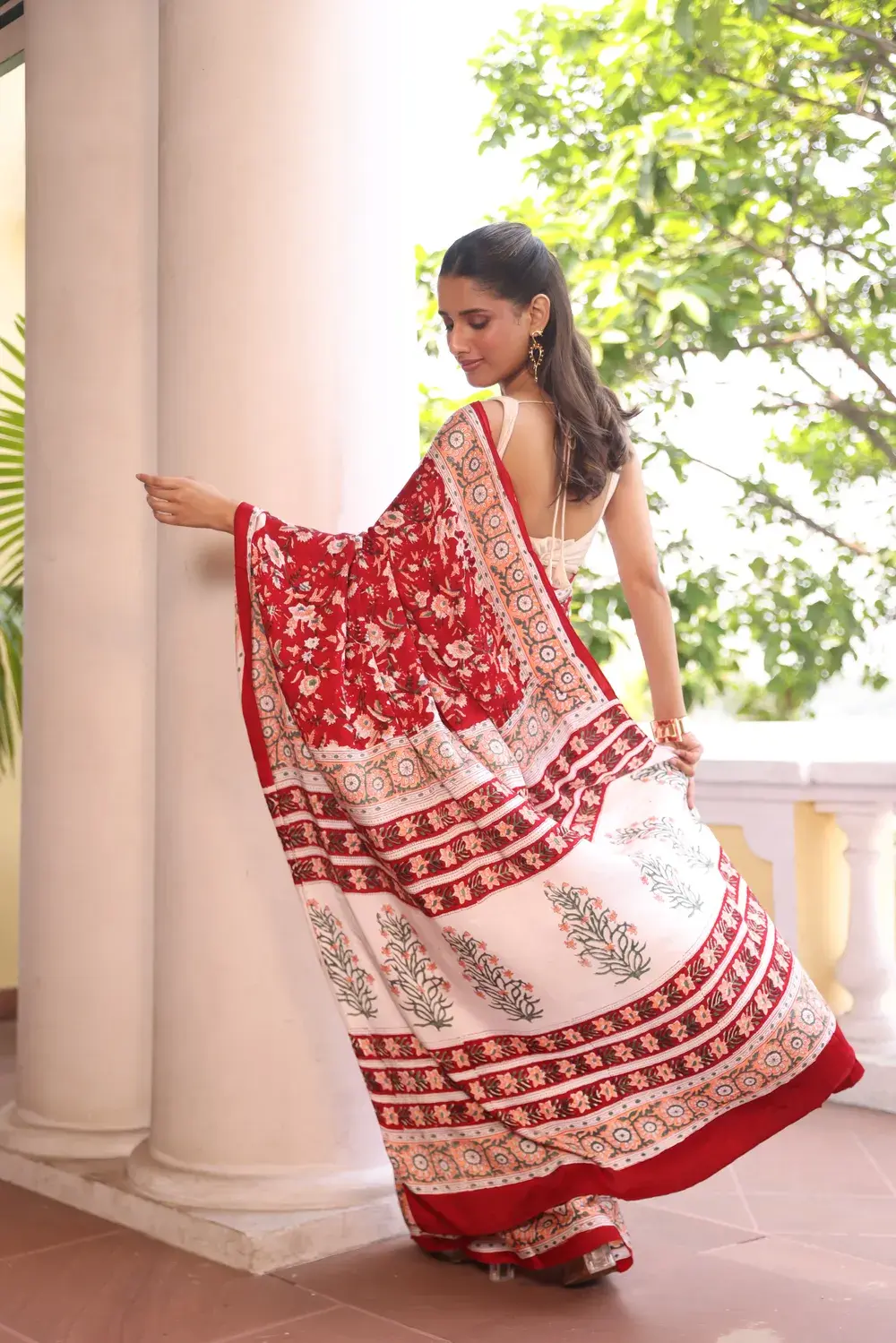 Red Modal Silk Ajrakh with mirror Work
