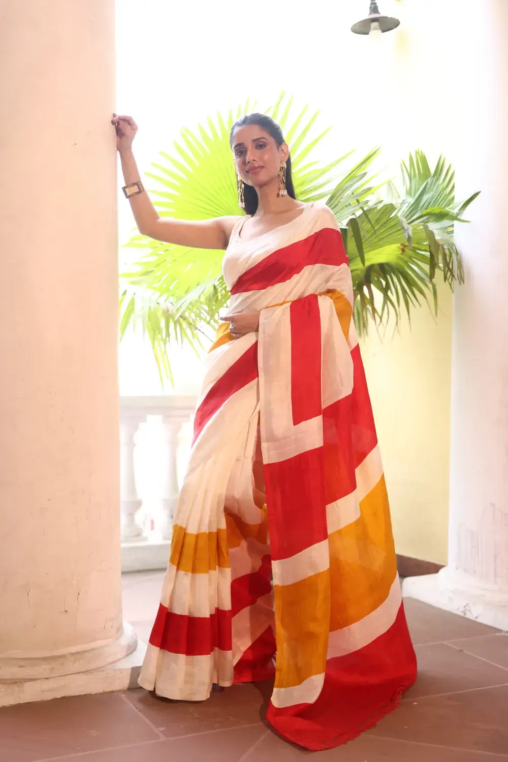 White & Red Pure Silk Saree