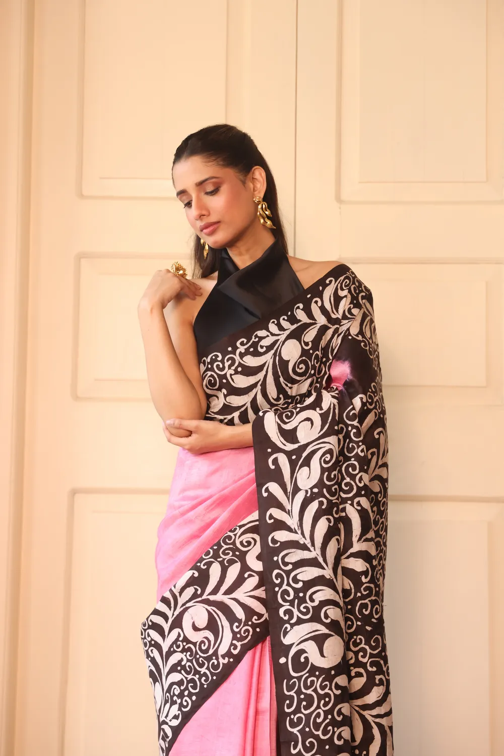 Pink & Black Pure Silk Saree