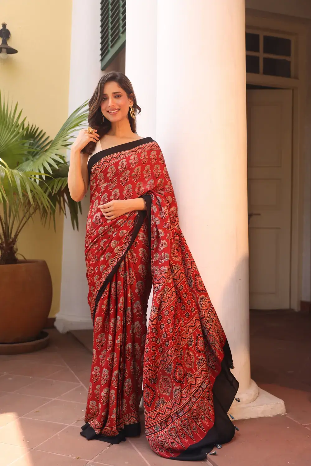 Maroon Modal Silk Ajrakh saree