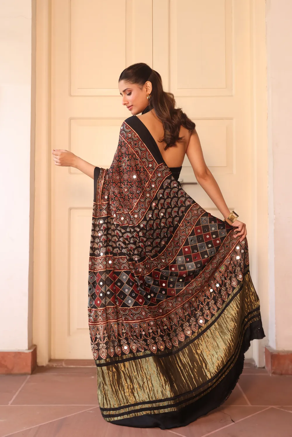 Black Modal Silk Ajrakh with mirror Work