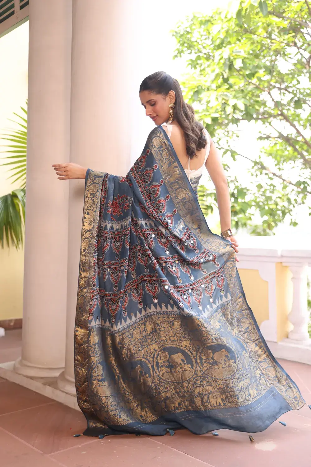 Blue Modal Silk Ajrakh with mirror Work