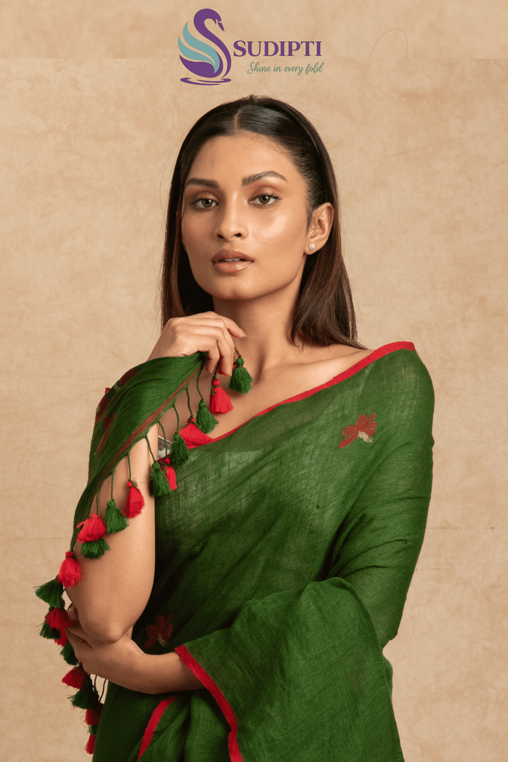 FOREST GREEN PURE LINEN SAREE