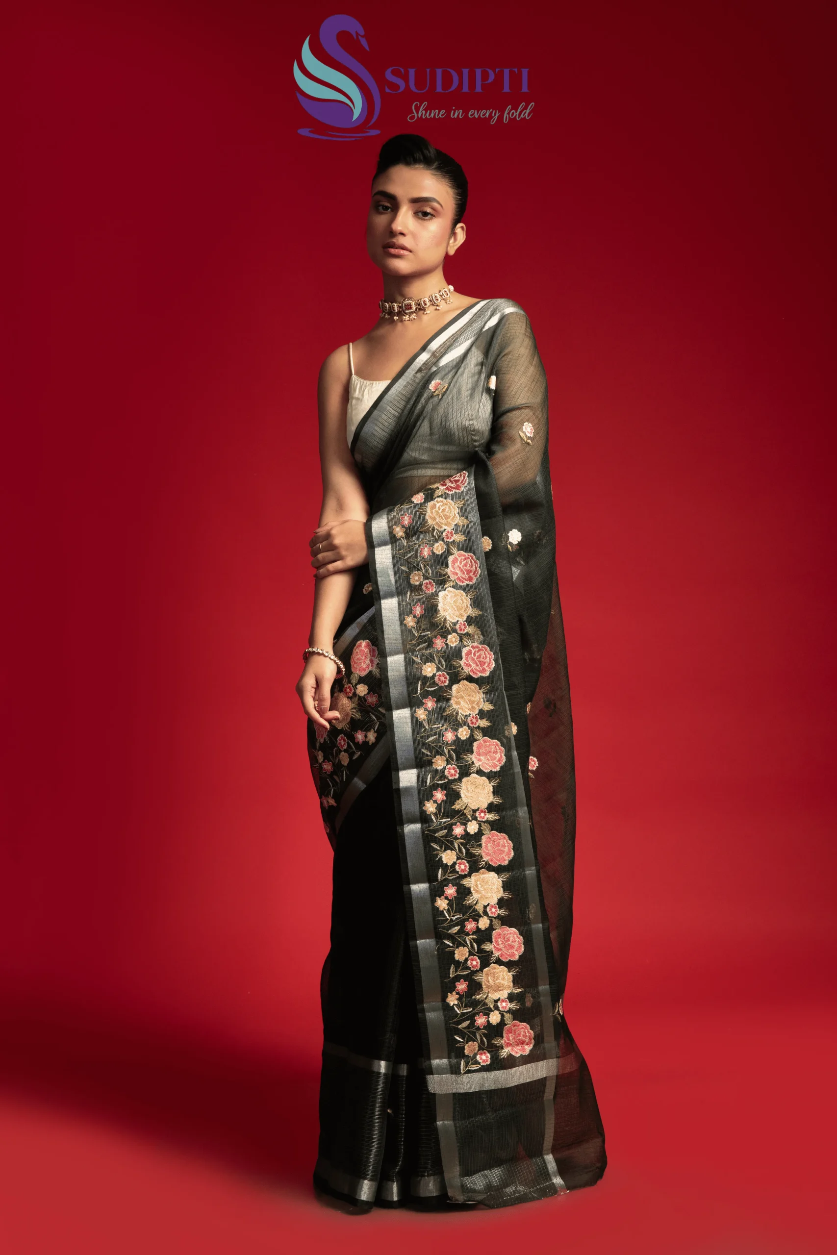 Midnight Bloom Kora Banarasi Saree