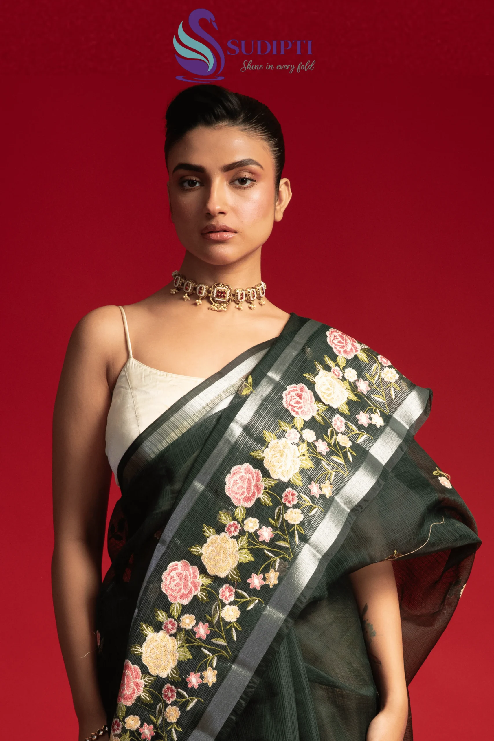 Midnight Bloom Kora Banarasi Saree